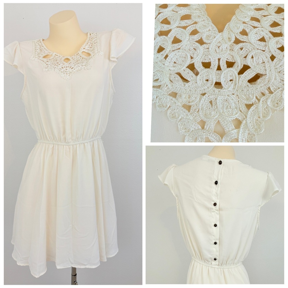 White Mini Dress L Cottagecore Ethereal Romantic Fairycore Lace Detail Vintage